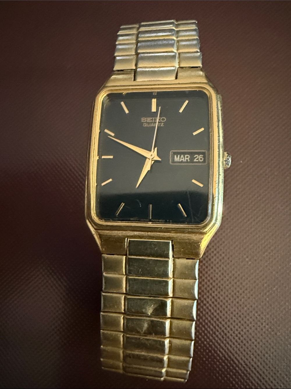 Vintage Seiko 7N33-5028 Gold Tone Black Dial Quartz Watch